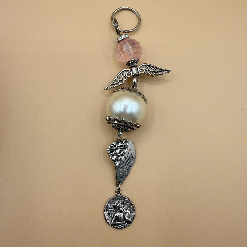 Guardian Angel Keychain Pearl Pink Bead Cherub Wing Charm Religious Prayer Gift